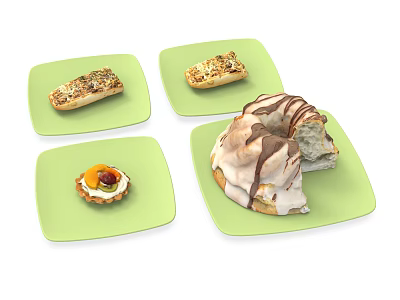 Assorted Delicious Desserts on Green Plates Including Pastries Tartlet and Ring Cake with Chocolate Drizzle 3d model
