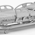 Adjustable Medical Bed with Blue Mattress White Frame Side Rails and Control Panel on Wheels