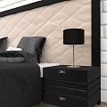Double Bed With Beige Quilted Diamond Headboard Black Quilt Pillows Nightstands And Lamps