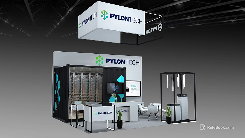 PYLONTECH Exhibition Booth With Energy Storage Product Display Cabinets Reception Desk And Screen 3d model 