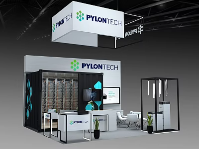 PYLONTECH Exhibition Booth With Energy Storage Product Display Cabinets Reception Desk And Screen 3d model