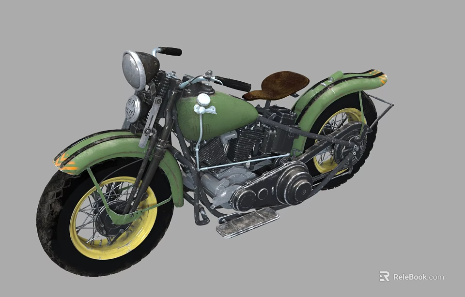 Green Vintage Motorcycle with Yellow Wheels Brown Seat and Chrome Engine 3d model 