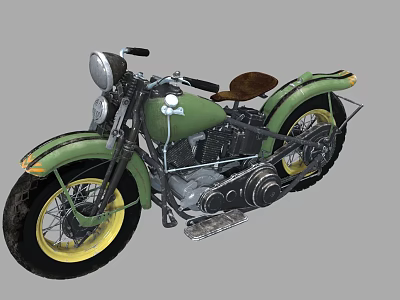 Green Vintage Motorcycle with Yellow Wheels Brown Seat and Chrome Engine 3d model