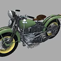 Green Vintage Motorcycle with Yellow Wheels Brown Seat and Chrome Engine