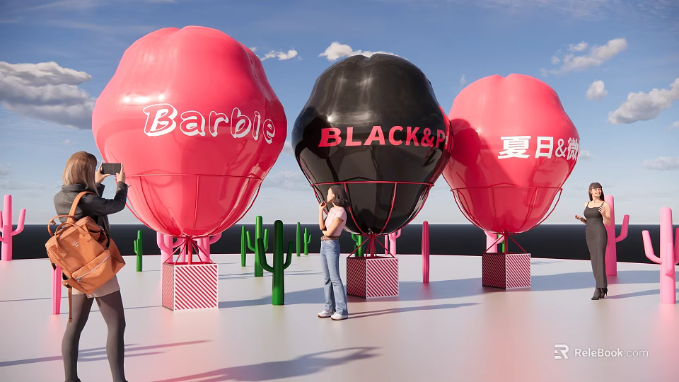 Giant Red And Black Balloons With Barbie Black And Summer Designs Surrounded By Cactus Decorations 3d model 