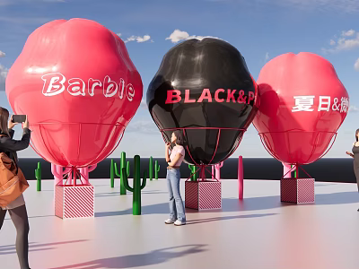 Giant Red And Black Balloons With Barbie Black And Summer Designs Surrounded By Cactus Decorations 3d model