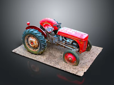 Vintage Red Tractor Model Display On Rustic Base With Detailed Wheels And Old Style Design 3d model
