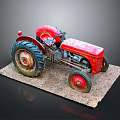 Vintage Red Tractor Model Display On Rustic Base With Detailed Wheels And Old Style Design