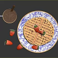 Delicious Stacked Waffles Topped With Fresh Strawberries and Chocolate Sauce On Blue White Patterned Plate