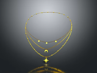 Elegant Gold Layered Necklace with Moon and Star Pendant Design 3d model