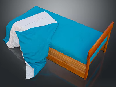 Stylish Wooden Frame Bed with Blue Mattress and Blue White Bedding 3d model