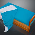 Stylish Wooden Frame Bed with Blue Mattress and Blue White Bedding