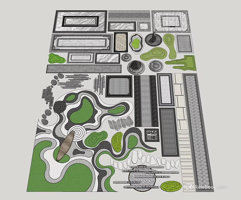 Garden Ornaments Design With Geometric Shapes Green Areas And Path Elements 3d model