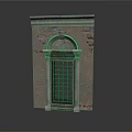 Historic Stone Building Window Frame With Arched Top Grid Panes And Weathered Texture