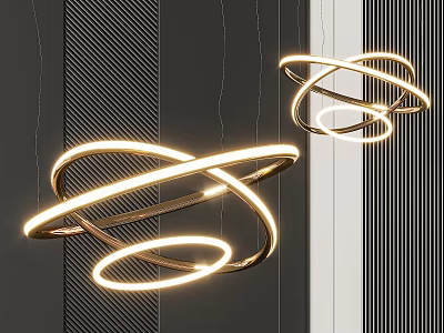 Double Modern Golden Circular Chandelier With Illuminated Rings Hanging In Interior 3d model