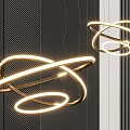 Double Modern Golden Circular Chandelier With Illuminated Rings Hanging In Interior