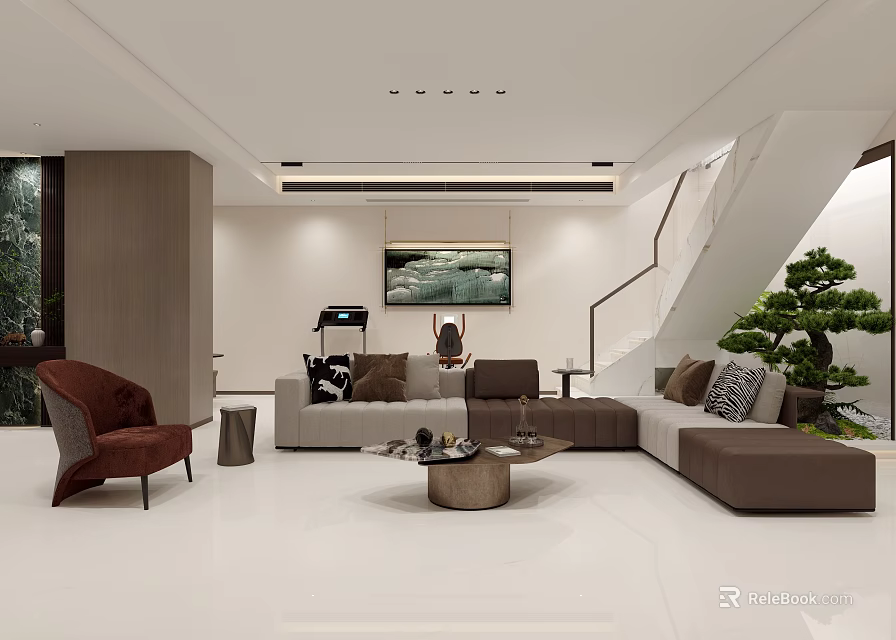Modern Living Room Interior With Brown Sofa Red Chair Coffee Table Staircase And Potted Plant 3d model 