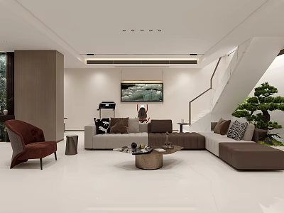 Modern Living Room Interior With Brown Sofa Red Chair Coffee Table Staircase And Potted Plant 3d model