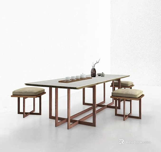 Simple Modern Long Wooden Tea Table With Matching Stools And Tea Sets 3d model