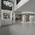 Elegant Bridal Shop Interior With Wedding Dresses Display Wooden Shelves And Chandelier Lighting