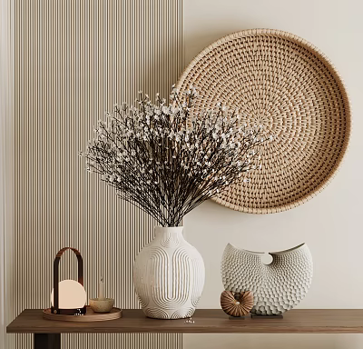 Minimalist Decorative Ornament Set With Woven Circular Plate White Vase Blossom Branches And Unique Decor 3d model