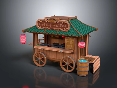 Traditional Wooden Street Food Cart With Green Roof And Red Lanterns 3d model
