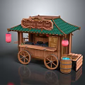 Traditional Wooden Street Food Cart With Green Roof And Red Lanterns