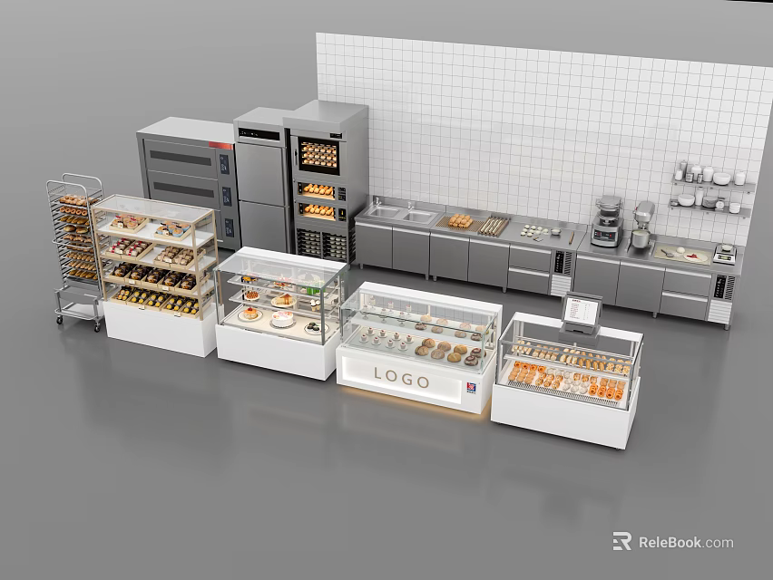 Bakery Glass Display Cases With Pastries Ovens And White Tiled Wall Setup 3d model 