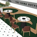 Modern Hotpot Restaurant with Round Dining Tables Green Booths Beige Chairs and Clover-Patterned Flooring