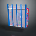 Transparent Storage Rack With Blue Red Vertical Bars And Cross Pattern For Home Organizing