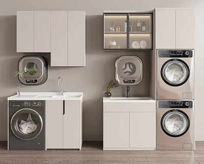 Modern Bathroom Cabinetry with Sink Washing Machines and Storage Cabinets 3d model