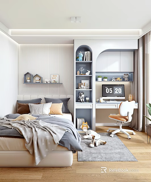 Cozy Kids Room Interior Design With Bed Desk Bookshelf And Stuffed Toys 3d model 