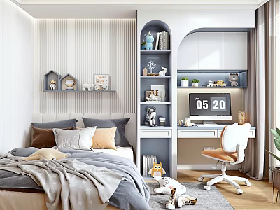 Cozy Kids Room Interior Design With Bed Desk Bookshelf And Stuffed Toys 3d model
