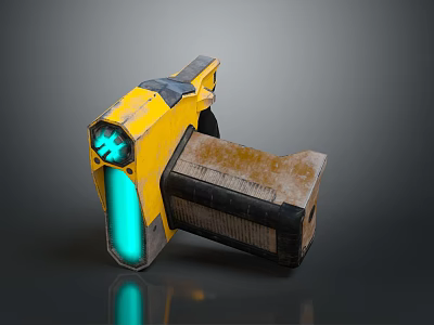 Yellow Sci Fi Pistol With Blue Glowing Component And Magazine Box Design 3d model