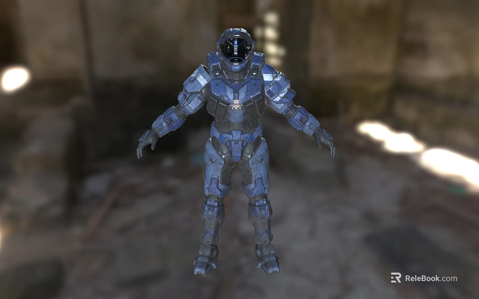 Blue Mech Warrior Standing In Ruined Building With Stone Walls And Light Rays 3d model 