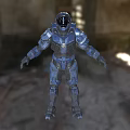 Blue Mech Warrior Standing In Ruined Building With Stone Walls And Light Rays