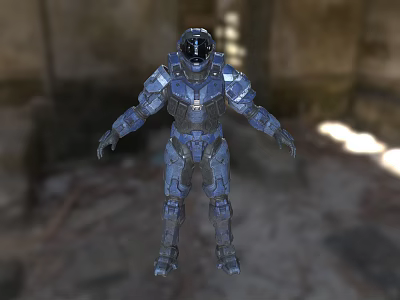 Blue Mech Warrior Standing In Ruined Building With Stone Walls And Light Rays 3d model