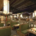 Traditional Chinese Restaurant Interior With Bamboo Structure Boat Shaped Seating Wooden Furniture And Green Plants