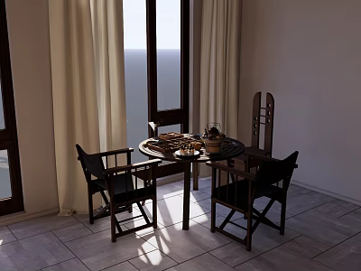 Dining Table Set With Chairs And Sea View Window In Natural Light 3d model