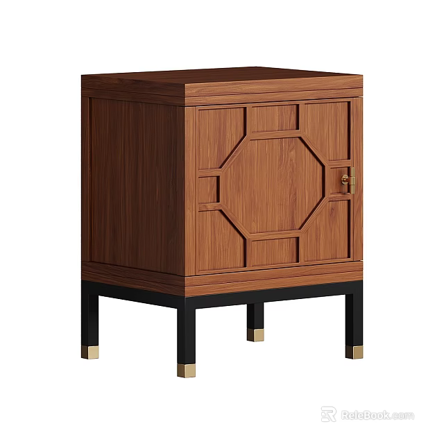 Wooden Entryway Cabinet Sideboard with Geometric Pattern Door and Black Legs Gold Feet 3d model 