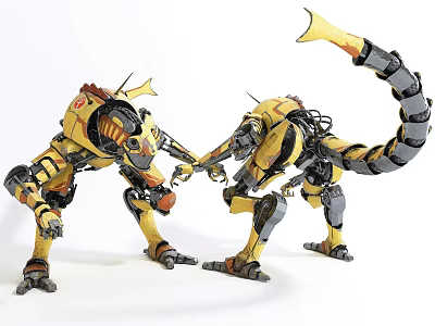 Yellow Mechanical Smart Machines With Dinosaur Like Structure And Metal Parts Interacting Closely 3d model