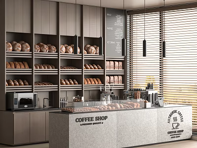 Modern Dessert Shop Interior With Coffee Machine Freshly Baked Goods Display Shelves And Gray Cabinets 3d model