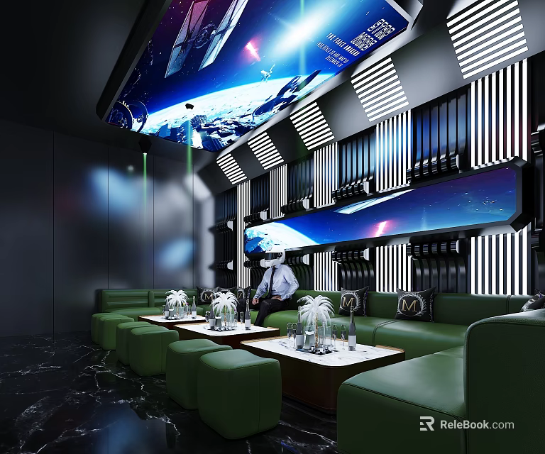 Modern KTV Interior With Starry Ceiling Green Leather Sofas And LED Lighting 3d model