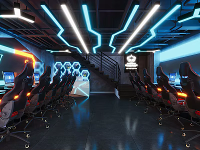 Modern High Tech Gaming Cafe Interior With LED Lights Gaming Chairs And PCs 3d model
