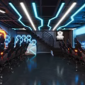 Modern High Tech Gaming Cafe Interior With LED Lights Gaming Chairs And PCs