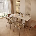 Modern Dining Table Set With White Top Metal Frame And Upholstered Chairs In Bright Dining Space