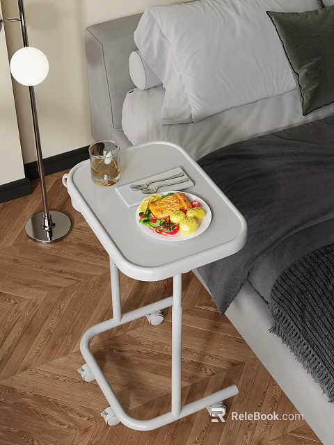Cozy Bedroom Scene With White Rolling Tray Table Holding Salmon Meal And Glass 3d model 