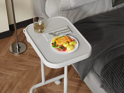 Cozy Bedroom Scene With White Rolling Tray Table Holding Salmon Meal And Glass 3d model