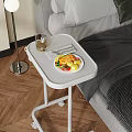 Cozy Bedroom Scene With White Rolling Tray Table Holding Salmon Meal And Glass