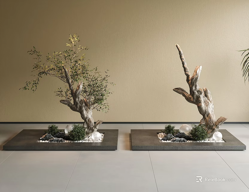 Natural Indoor Landscape With Driftwood Bonsai Square Base Small Stones And Green Plants 3d model 